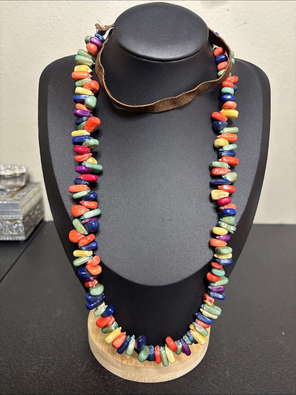 Vintage Multicolor Corn w/Leather Handmade Native American Necklace Strand
